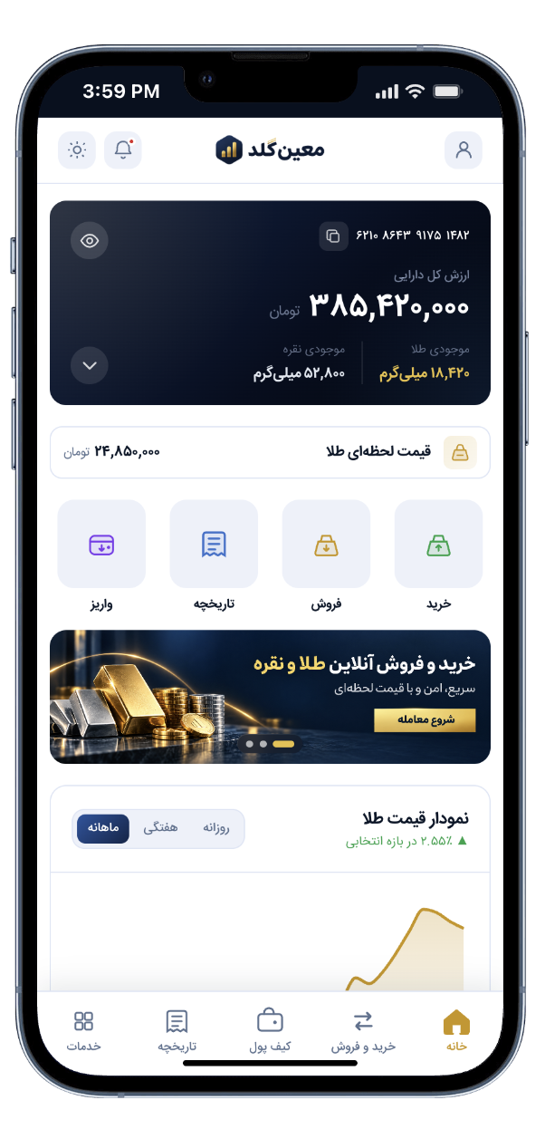 نمای پنل کاربری امدی گلد در موبایل